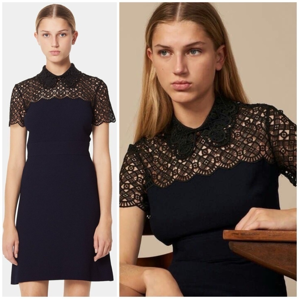 Sandro Iberia Embellished Lace Inset
Dress In Deep Navy SZ EU 36, US 4, S